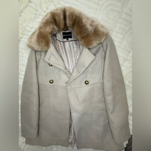 Express Women's Double-Breasted Pea Coat with Faux Fur Collar in Light Taupe